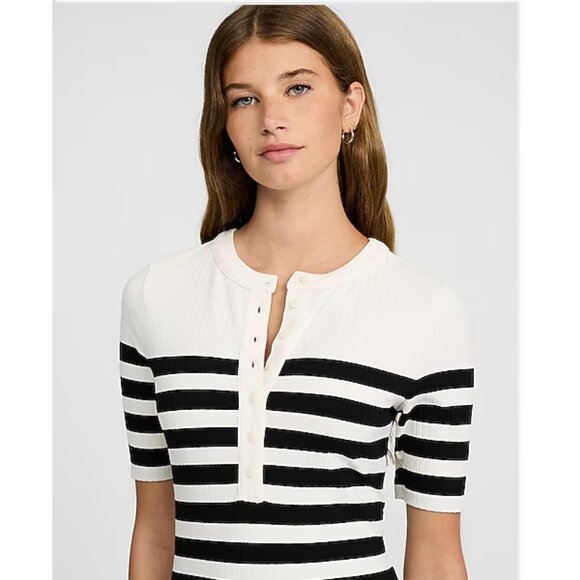 Ribbed Striped Crew Neck Henley Elbow Sleeve Midi Dress - Picture 2 of 3